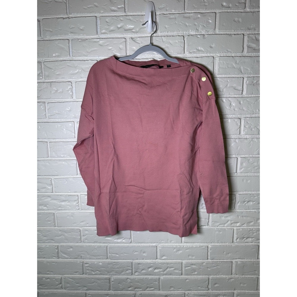 Colleen Lopez Small Pink Gold Button Shoulder Knit Sweater Quiet Luxury Chic